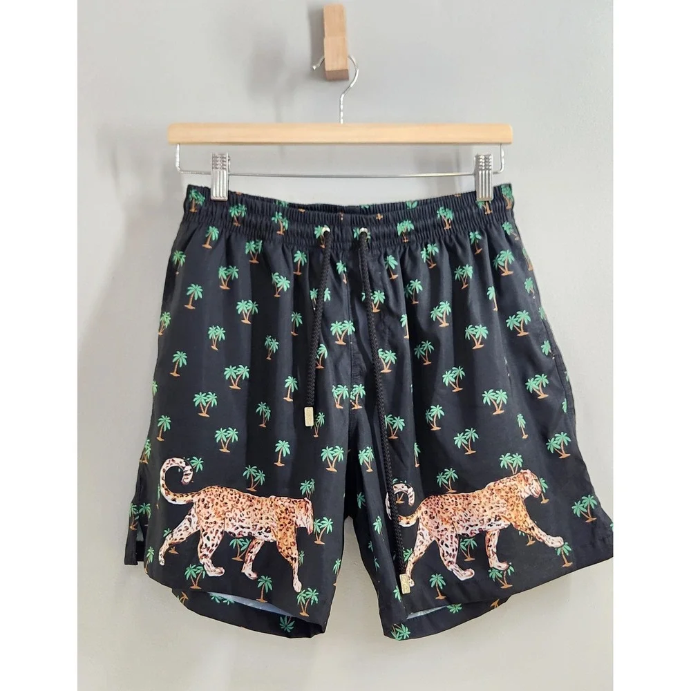 Kenny Flowers Swim Trunks Mens Medium Black Leopard Palm Tree Print Back Pocket